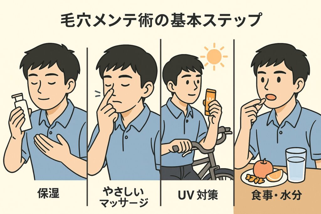「毛穴メンテ術の基本ステップ」を示す4コマの横長イラスト。左から順に、化粧水で保湿する男子高校生、入浴後に鼻をやさしくマッサージする様子、自転車通学前に日焼け止めを塗る場面、果物・ナッツと水を摂る食事シーン。各コマに「保湿」「やさしいマッサージ」「UV対策」「食事・水分」と日本語ラベル付き。