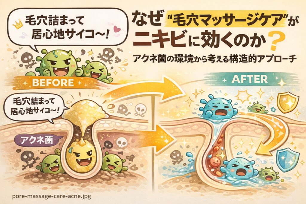 毛穴マッサージケアがニキビに効く理由を示したビフォーアフター図解イラスト。毛穴に皮脂が詰まりアクネ菌が増えやすい状態から、流れが整ってアクネ菌が定着しにくくなる構造的変化を表現している。