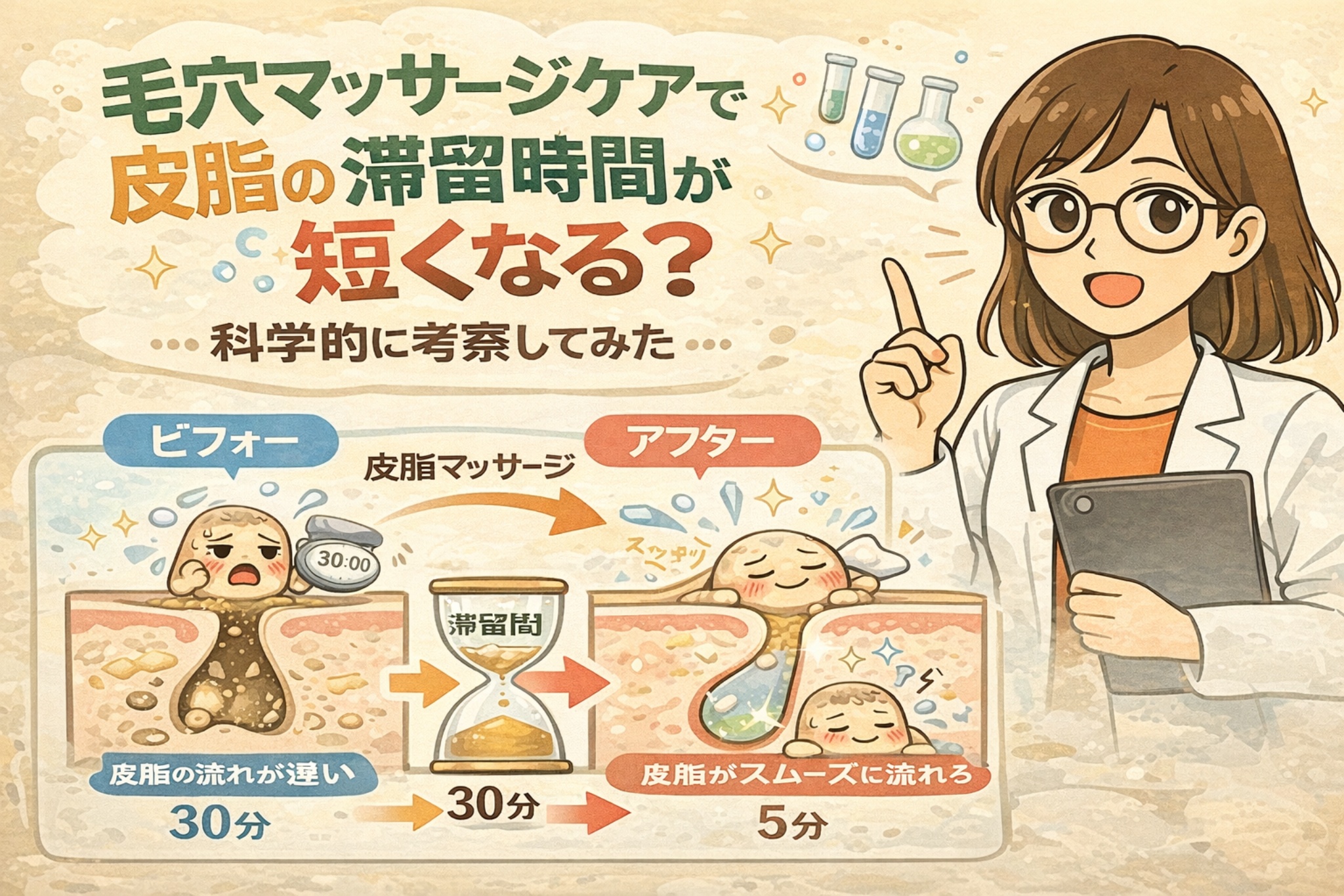 毛穴マッサージケアによって皮脂の滞留時間が短くなるかを科学的に考察したイラスト。ビフォーでは皮脂が毛穴内に長時間とどまり詰まりやすい状態、アフターではマッサージによって皮脂の流れがスムーズになり短時間で排出される様子を、砂時計と毛穴断面図で比較。白衣を着た女性がデータをもとに解説している。