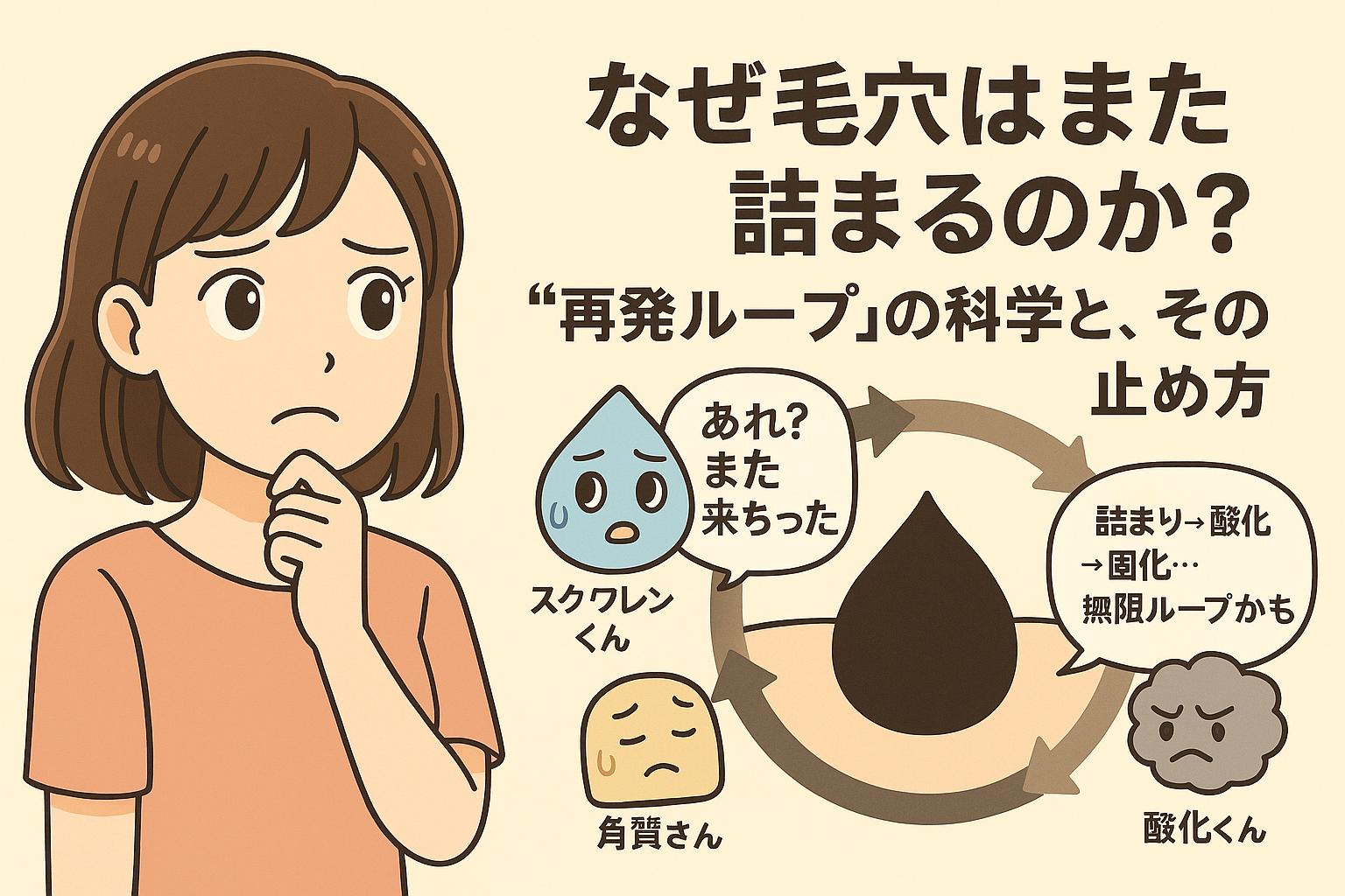 毛穴の再詰まりに悩む女性が困惑する表情で登場。スクワレンくん・角質さん・酸化くんが毛穴の中で“再発ループ”を回っている図解。矢印で繰り返す詰まり→酸化→固化の無限ループを表現。科学的な視点と親しみを両立したイラスト。