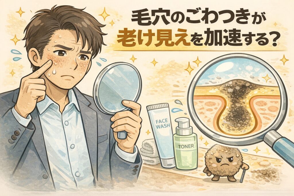 毛穴のごわつきが老け見えを加速させる可能性を解説するイラスト。鏡で肌を確認して悩む男性と、洗顔料や化粧水のアイテム、拡大された毛穴断面図を描き、毛穴内部の詰まりや凹凸が肌印象に影響する様子を視覚的に表現している。