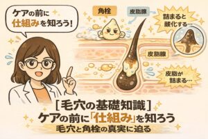 毛穴ケアの前に仕組みを解説する図解イラスト。白衣と眼鏡の女性が指差しで説明し、皮膚断面図では毛穴・皮脂腺・角栓の構造を可視化。皮脂が毛穴に詰まり、酸化して角栓になる過程を示している。毛穴の基礎知識として、ケア前に仕組みを理解する重要性を伝えるビジュアル。