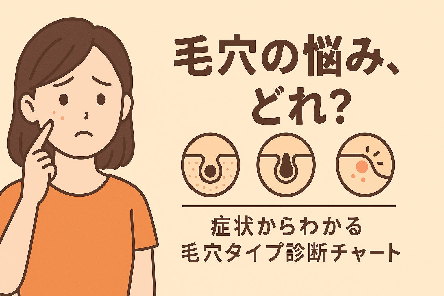 毛穴の悩みタイプを診断するチャートを紹介するイラスト。頬の肌トラブルを気にする女性とともに、「開き毛穴・詰まり毛穴・炎症毛穴」を示す3つのアイコンが並び、症状から毛穴タイプを見分ける構成になっている。