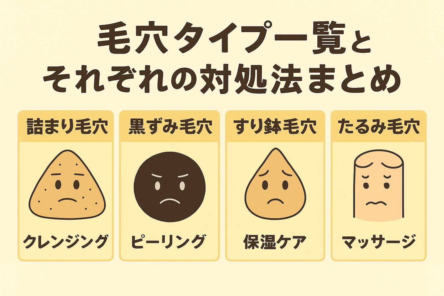 詰まり毛穴・黒ずみ毛穴・すり鉢毛穴・たるみ毛穴の4タイプと、それぞれの対処法（クレンジング・ピーリング・保湿ケア・マッサージ）をまとめた図解イラスト