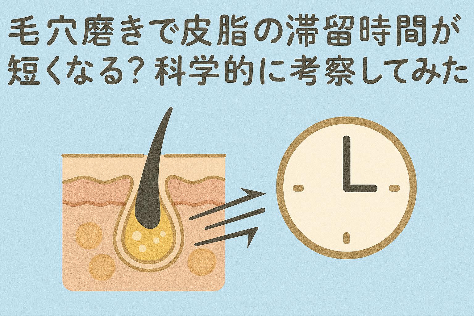 毛穴磨きによって皮脂が早く排出される様子を示す断面図と時計のイラスト。皮脂の滞留時間の短縮を科学的に表現