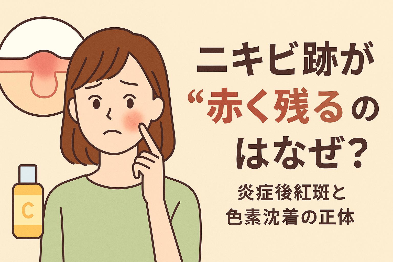 ニキビ跡の赤みと色素沈着の原因を解説するイラスト。赤く残る頬の女性と炎症後紅斑の断面図、日本語テキスト入り。