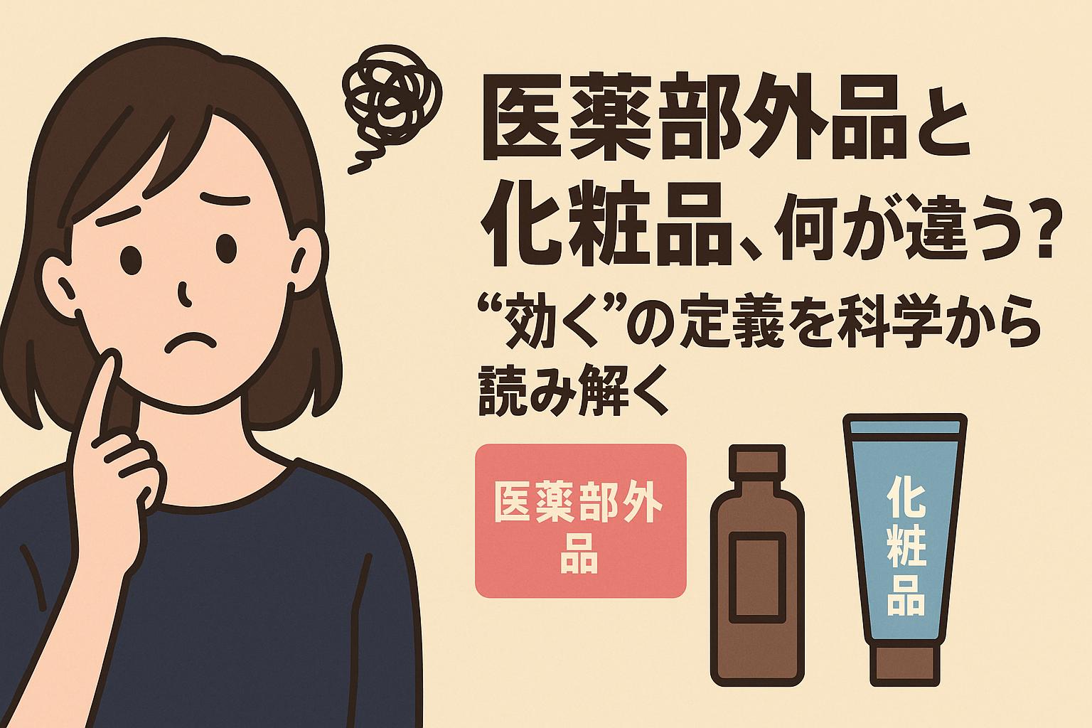 医薬部外品と化粧品の違いを疑問に思う女性のイラスト。背景には「“効く”の定義を科学から読み解く」という日本語テキストと、医薬部外品と化粧品のアイコンが描かれており、スキンケア選びにおける分類と効能の違いを伝える構成。