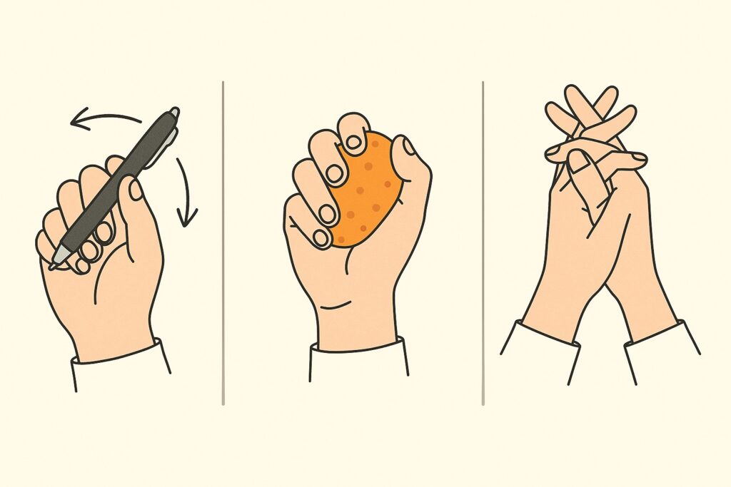 置き換え行動を示す3パネル構成の横長フラットイラスト。左はペン回しをしている手、中央はストレスボールを握る手、右は指を組んでストレッチしている手。背景は淡いベージュ。