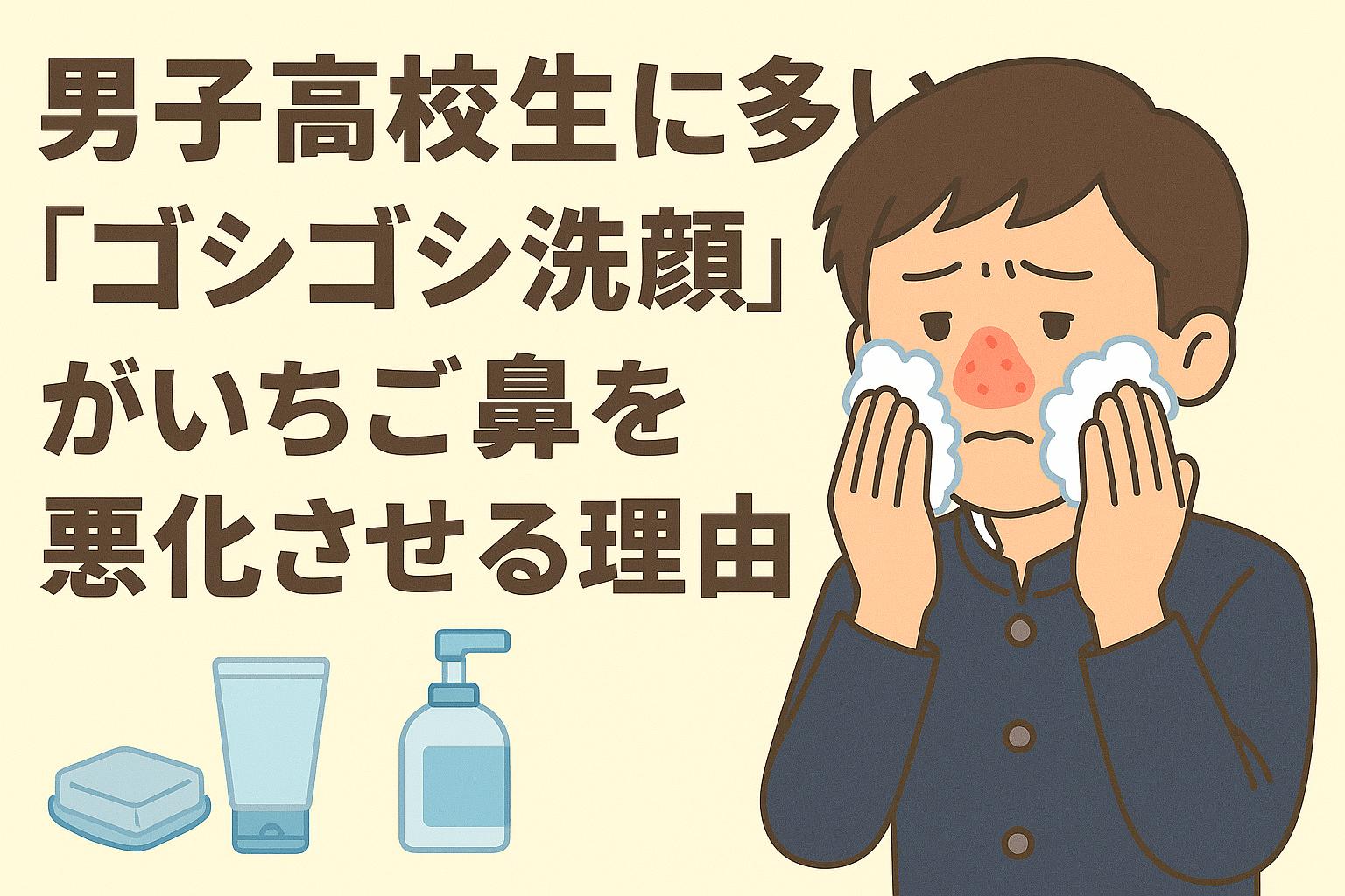 いちご鼻に悩む男子高校生が泡洗顔でゴシゴシ洗っている様子を描いたイラスト。赤く炎症した鼻と不安げな表情が特徴的
