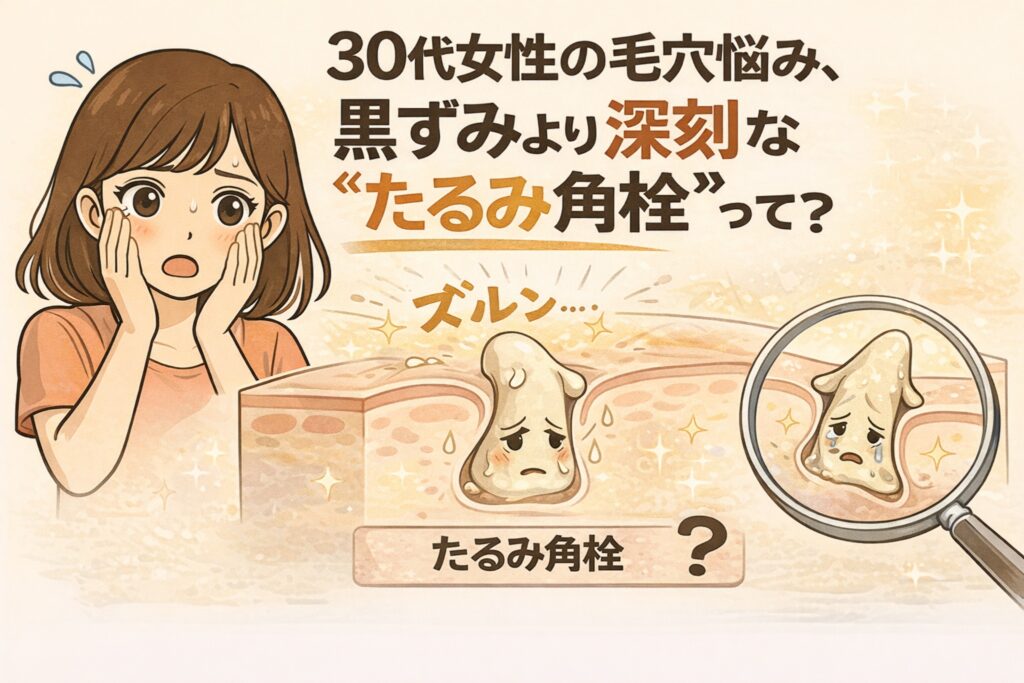 30代女性の毛穴悩みとして、黒ずみ以上に深刻な「たるみ角栓」を解説した図解イラスト。毛穴の中で角栓が重力方向に垂れ下がり、影や凹みとして目立ってしまう状態を、悩む女性の表情と毛穴断面図、拡大ルーペで分かりやすく示している。