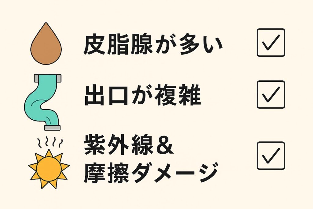 毛穴が詰まりやすい要因をまとめたチェックリスト形式の図解。左にアイコン(皮脂滴・排水管・太陽)、右にチェックボックス、中央に日本語で「皮脂腺が多い」「出口が複雑」「紫外線&摩擦ダメージ」と表示されている。