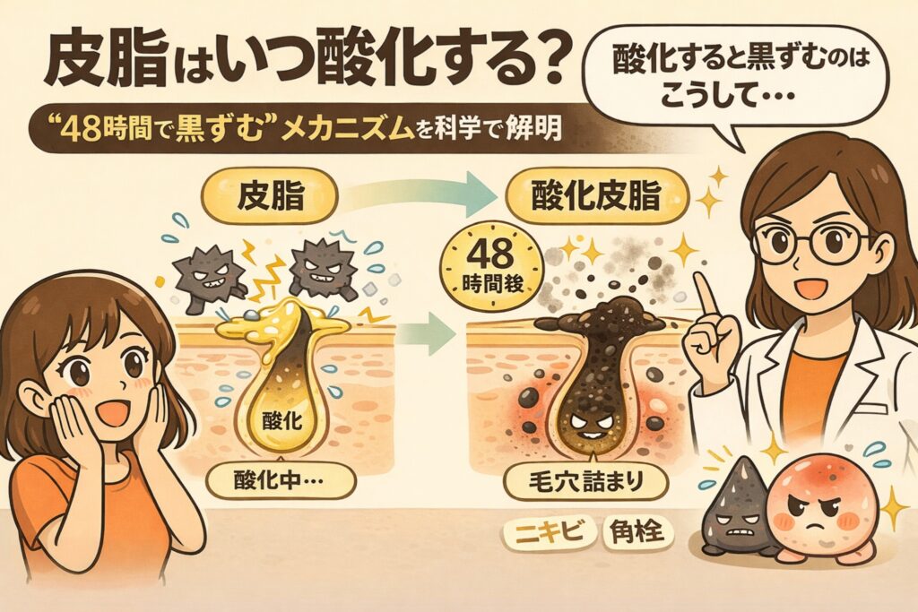 皮脂はいつ酸化して黒ずむのかを、「約48時間」という時間軸で解説したイラスト図解。分泌された皮脂が時間の経過とともに酸化し、毛穴詰まりや黒ずみ、角栓・ニキビにつながる仕組みを、毛穴断面図とキャラクターでわかりやすく示している。