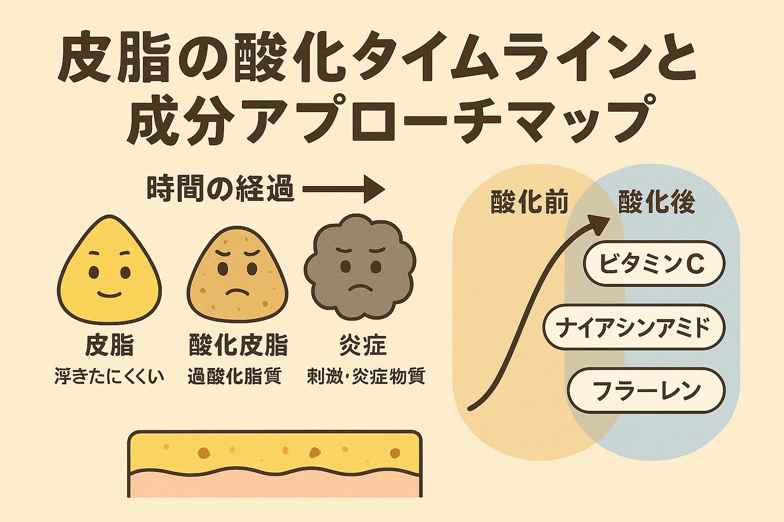 皮脂の酸化の進行を表した日本語の図解。左側には「皮脂→酸化皮脂→炎症」のタイムラインが擬人化キャラで描かれ、それぞれ「浮きにくい」「過酸化脂質」「刺激・炎症物質」と説明が添えられている。右側には「酸化前」「酸化後」の領域に分かれた成分アプローチマップがあり、ビタミンC・ナイアシンアミド・フラーレンが段階的に配置されている。皮脂の状態に応じた有効成分の活用を可視化したイラスト。