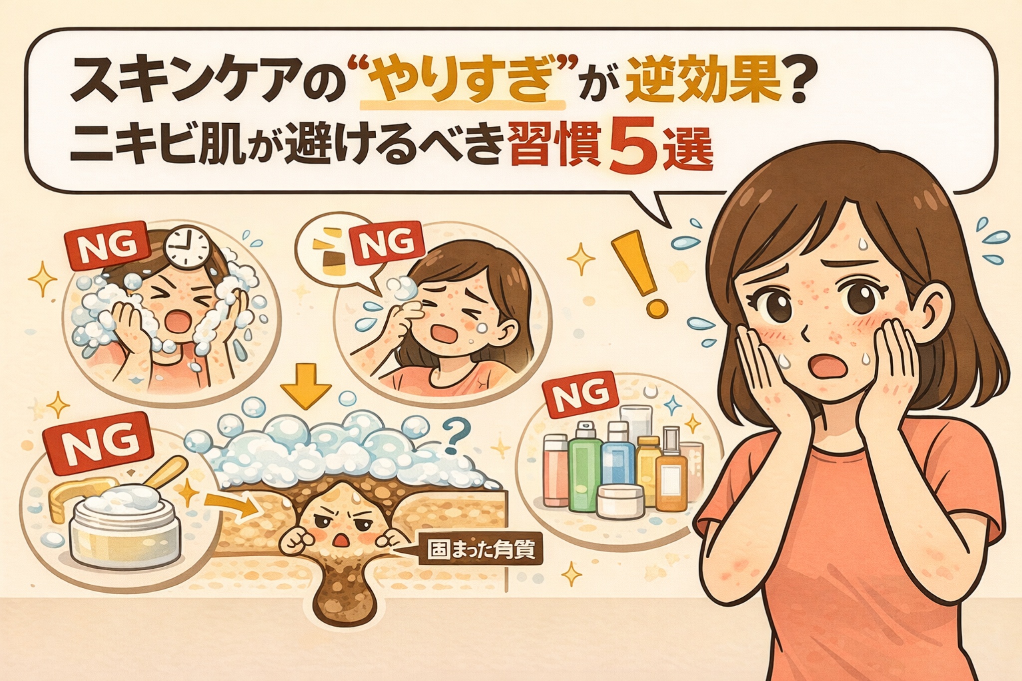 スキンケアのやりすぎがニキビを悪化させる理由を解説する図解イラスト。洗いすぎ、こすりすぎ、アイテムの重ねすぎなど「NG」とされる習慣によって、毛穴内部に固まった角質が残り、炎症やニキビが悪化する様子を断面図で表現。右側ではニキビに悩む女性が、過剰なケアが逆効果になることに気づく場面が描かれている。