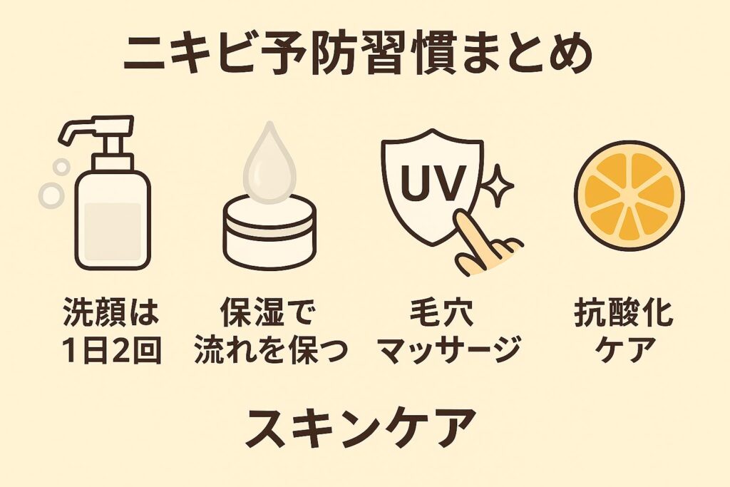 「ニキビ予防習慣まとめの図解。洗顔は1日2回(ポンプボトル)、保湿で流れを保つ(クリーム容器としずく)、毛穴マッサージ(UVシールドアイコン)、抗酸化ケア(オレンジの断面)をアイコンで表し、『スキンケア』と強調されている。」