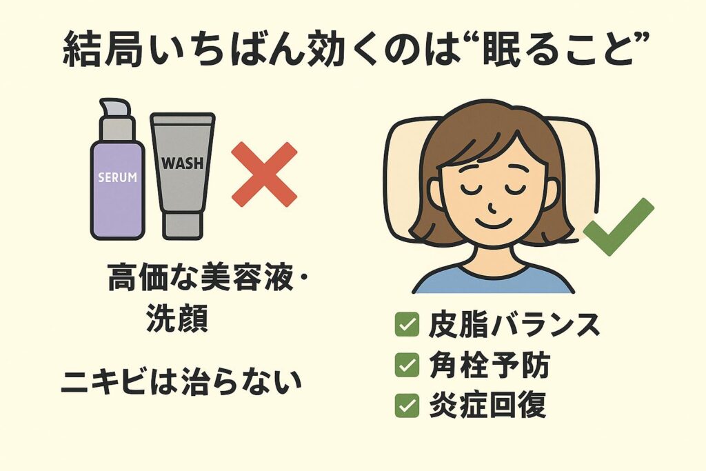 横長の比較イラスト。
左側:美容液ボトルと洗顔フォームのイラストに赤いバツ印。「高価な美容液・洗顔」「ニキビは治らない」と記載。
右側:枕で眠る女性のイラストに緑のチェックマーク。「皮脂バランス」「角栓予防」「炎症回復」と記載。
上部には大きく「結局いちばん効くのは“眠ること”」と強調されている。