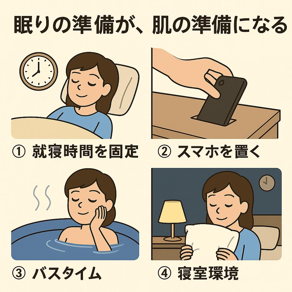 4コマのイラストで睡眠習慣の工夫を示している。
1コマ目:時計を見ながらベッドに入る女性「就寝時間を固定」。
2コマ目:ナイトテーブルにスマホを置く手「スマホを置く」。
3コマ目:湯船でリラックスする女性「バスタイム」。
4コマ目:間接照明のある清潔な寝室で枕を抱えて眠る女性「寝室環境」。
上部にはキャッチコピー「眠りの準備が、肌の準備になる」と記載。