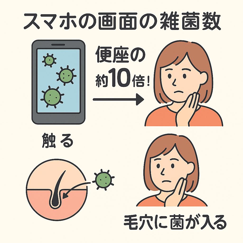 「スマホの画面の雑菌数」をテーマにした日本語インフォグラフィック。
左上:スマホ画面に菌のアイコン、「便座の約10倍!」と比較表示
右上:女性が顔を触っているイラスト
左下:毛穴の断面図に菌が侵入するイラスト
右下:顔を触り、毛穴に菌が入る女性
スマホの汚れが顔に移り、毛穴トラブルを招く流れを視覚的に説明。