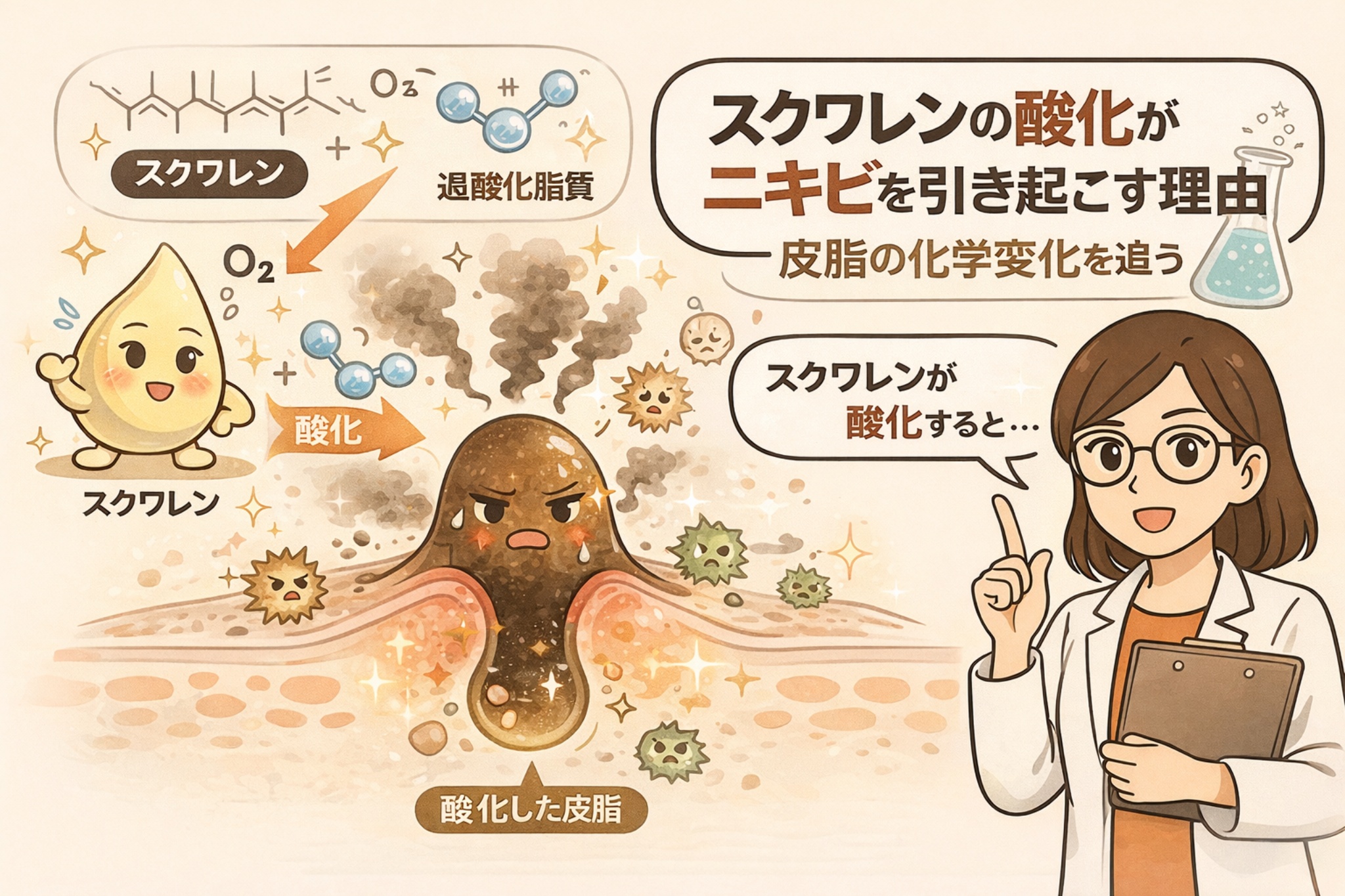 スクワレンの酸化がニキビを引き起こす理由を解説する図解イラスト。皮脂成分のスクワレンが酸素と反応して過酸化脂質へ変化し、毛穴内で炎症やニキビを誘発する流れが描かれている。中央には酸化した皮脂が詰まった毛穴断面図、周囲には酸化ストレスや菌の影響が示され、右側では白衣の女性が化学的変化をわかりやすく説明している。