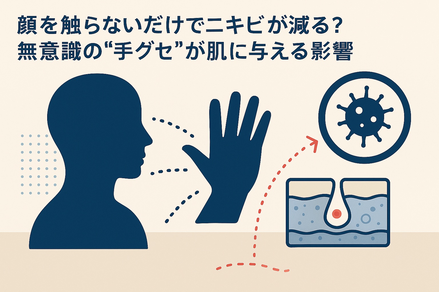 顔を触らないことでニキビが減る可能性を示す図解イラスト。左に人の横顔シルエット、中央に手のアイコン、右上に菌のマーク、右下に毛穴の断面図が描かれている。無意識の“手グセ”が菌を顔に移し、炎症を起こすリスクを表現しており、テキストには「顔を触らないだけでニキビが減る？ 無意識の“手グセ”が肌に与える影響」と書かれている。