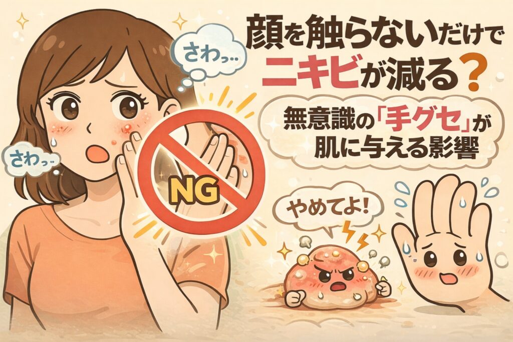 顔を無意識に触る「手グセ」がニキビを悪化させる可能性を示したイラスト。顔に触れようとする手にNGマークを重ね、雑菌や刺激が肌に与える影響を、困った表情のニキビキャラクターとともに視覚的に解説している。