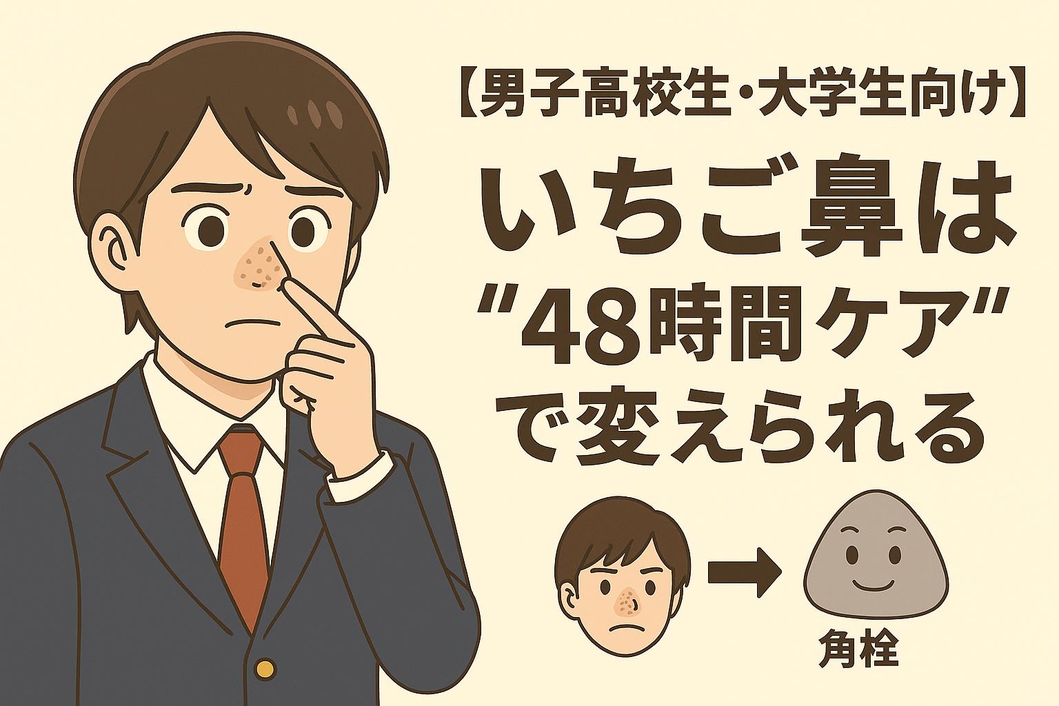 黒ずみ鼻を気にする男子学生の表情と、右側に描かれた「角栓」キャラクターの変化。いちご鼻を48時間以内にケアすることで改善できるという提案が、大きな日本語テキストとビジュアルでわかりやすく伝えられている。