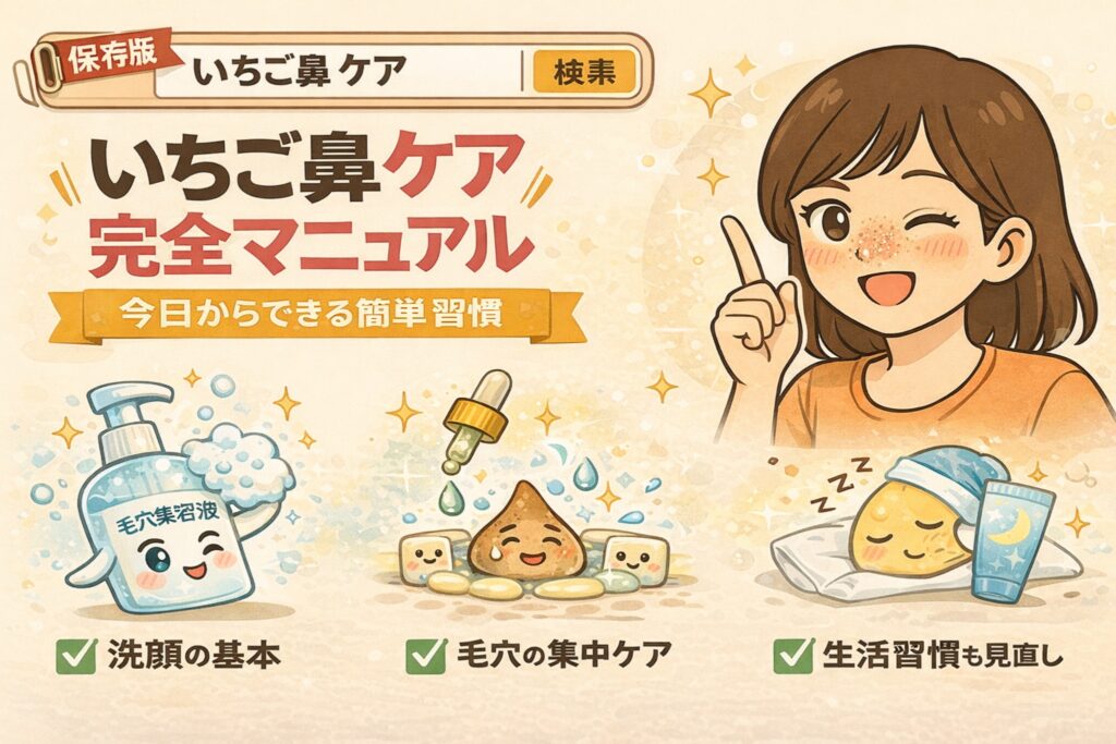 いちご鼻ケアの完全マニュアルをまとめた保存版イラスト。洗顔の基本、毛穴の集中ケア、生活習慣の見直しという3つのポイントを、擬人化されたスキンケアアイテムや角栓キャラクター、指差しで説明する女性の表情とともに分かりやすく紹介している。今日から始められる簡単な習慣を視覚的に整理した構成。