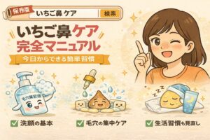 いちご鼻ケアの完全マニュアルをまとめた保存版イラスト。洗顔の基本、毛穴の集中ケア、生活習慣の見直しという3つのポイントを、擬人化されたスキンケアアイテムや角栓キャラクター、指差しで説明する女性の表情とともに分かりやすく紹介している。今日から始められる簡単な習慣を視覚的に整理した構成。