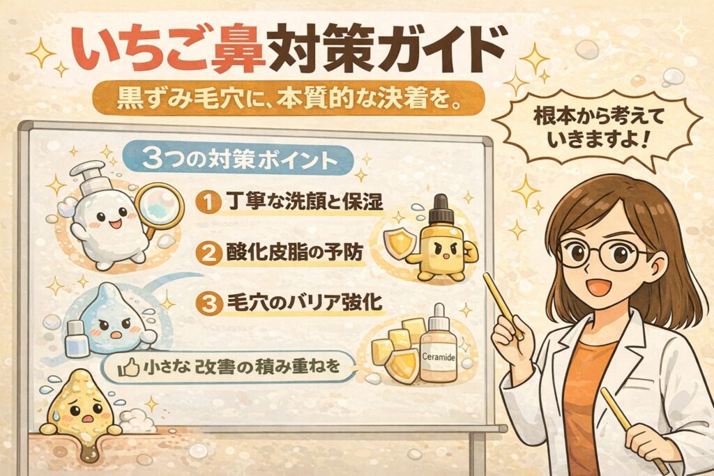 白衣を着た女性研究者キャラクターがボードを指し示し、いちご鼻対策ガイドとして「丁寧な洗顔と保湿」「酸化皮脂の予防」「毛穴のバリア強化」という3つのポイントを、毛穴・皮脂・セラミドの擬人化イラストとともに解説している図解イラスト