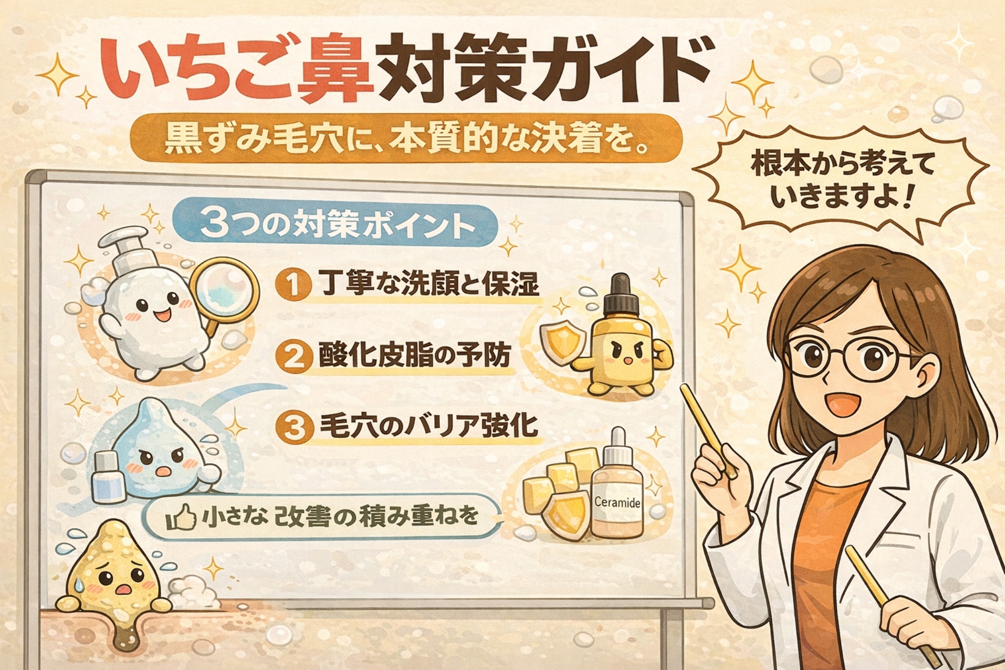 白衣を着た女性研究者キャラクターがボードを指し示し、いちご鼻対策ガイドとして「丁寧な洗顔と保湿」「酸化皮脂の予防」「毛穴のバリア強化」という3つのポイントを、毛穴・皮脂・セラミドの擬人化イラストとともに解説している図解イラスト