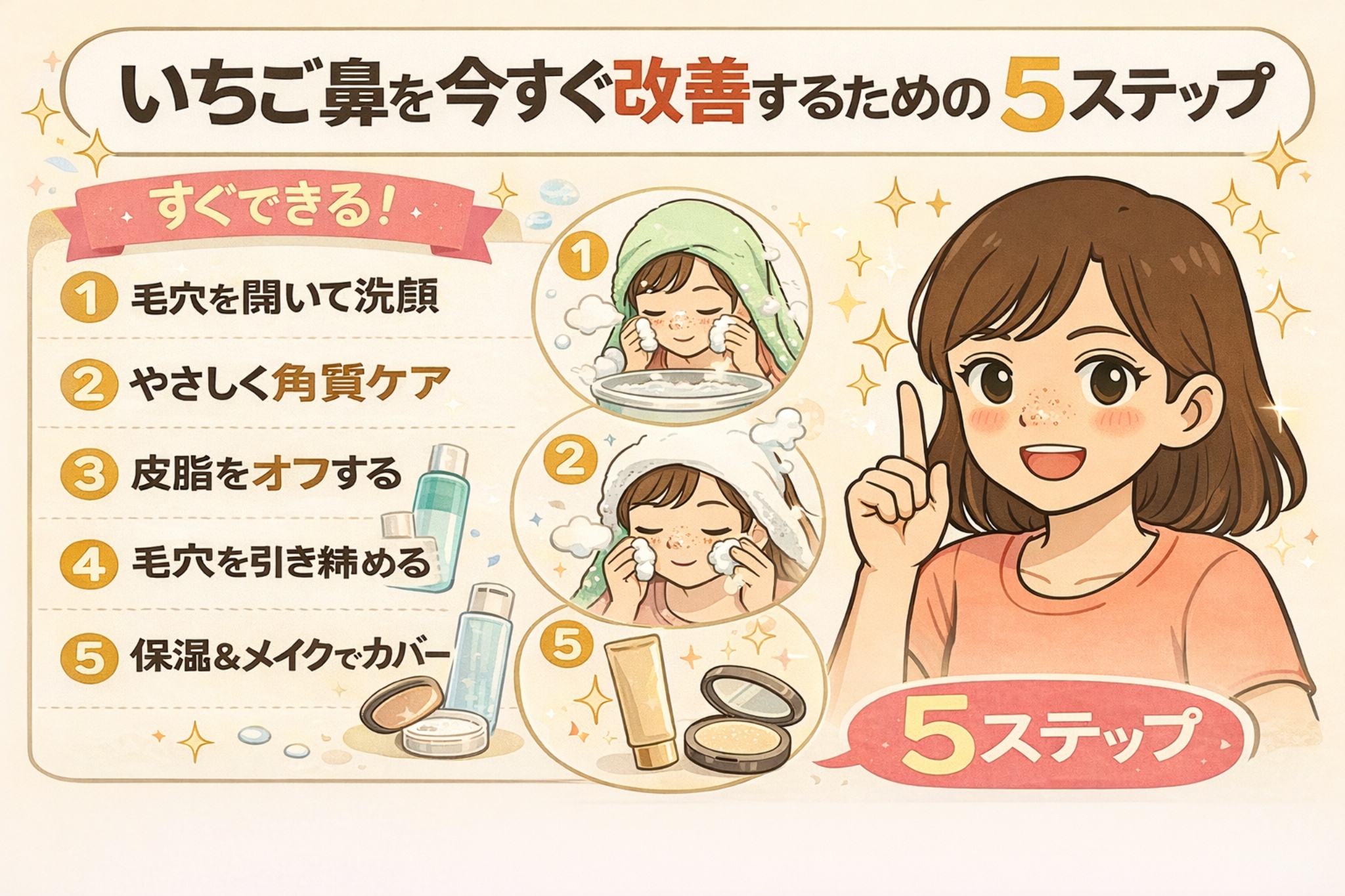 いちご鼻を今すぐ改善するための5ステップを、洗顔・角質ケア・皮脂オフ・引き締め・保湿とメイクの流れで分かりやすくまとめた図解イラスト。手順ごとにケアの様子を示し、女性が指差しで解説している。