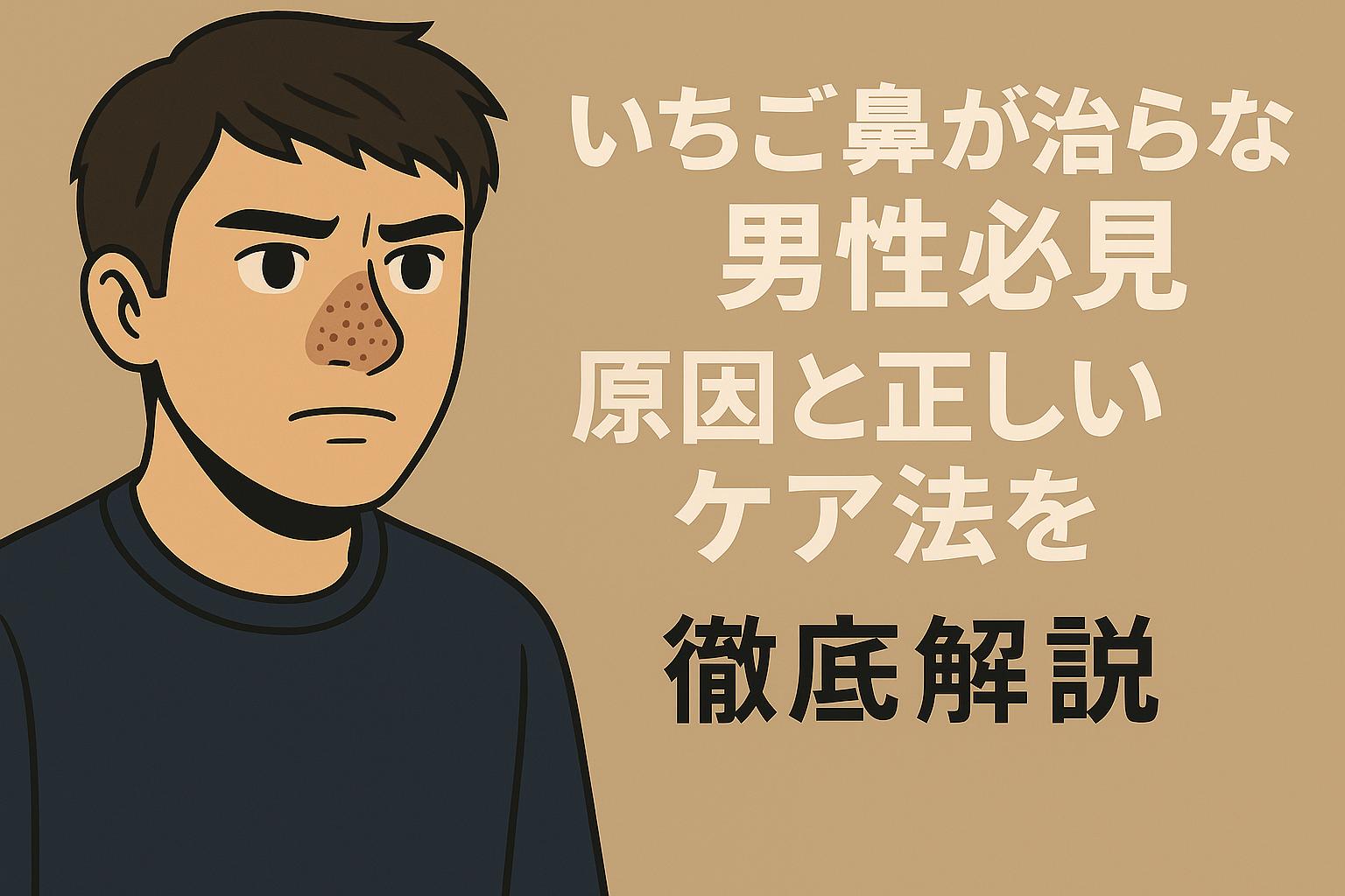 いちご鼻が治らない男性に向けた構成で、悩む表情の男性が描かれ、ベージュ背景に「原因と正しいケア法を徹底解説」と記された視認性の高いデザイン。