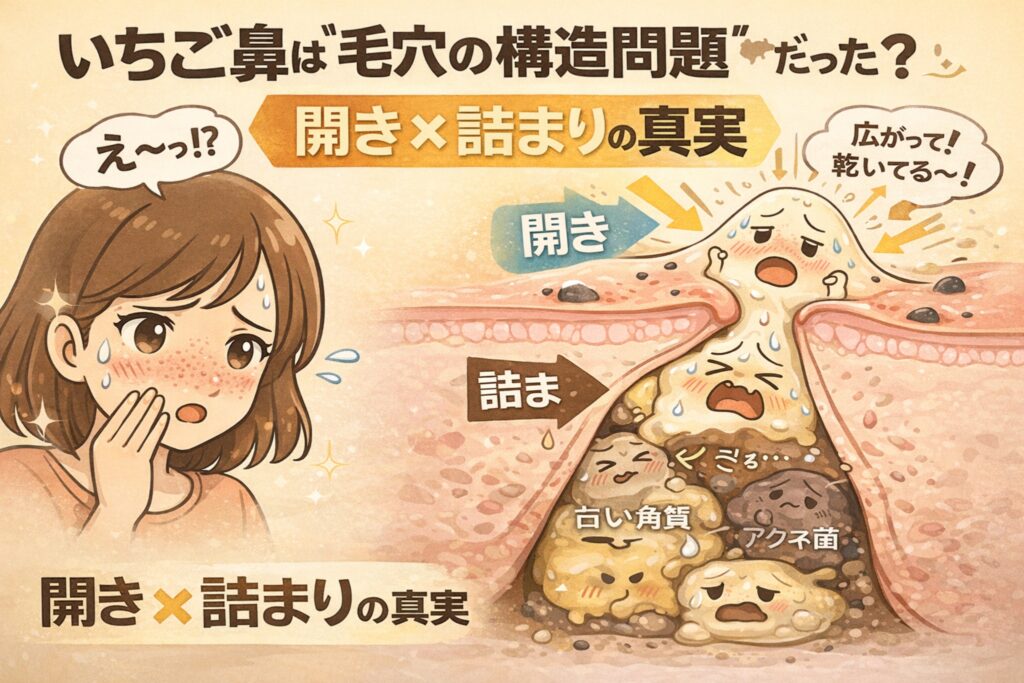 いちご鼻は毛穴の「構造問題」であることを解説したイラスト。毛穴が開いて乾燥している状態と、内部に皮脂や古い角質、アクネ菌が溜まって詰まっている状態を対比し、開きと詰まりが同時に起こる仕組みを視覚化している。驚く女性の表情と擬人化された角質・皮脂キャラクターで、いちご鼻の本質を分かりやすく伝えている。