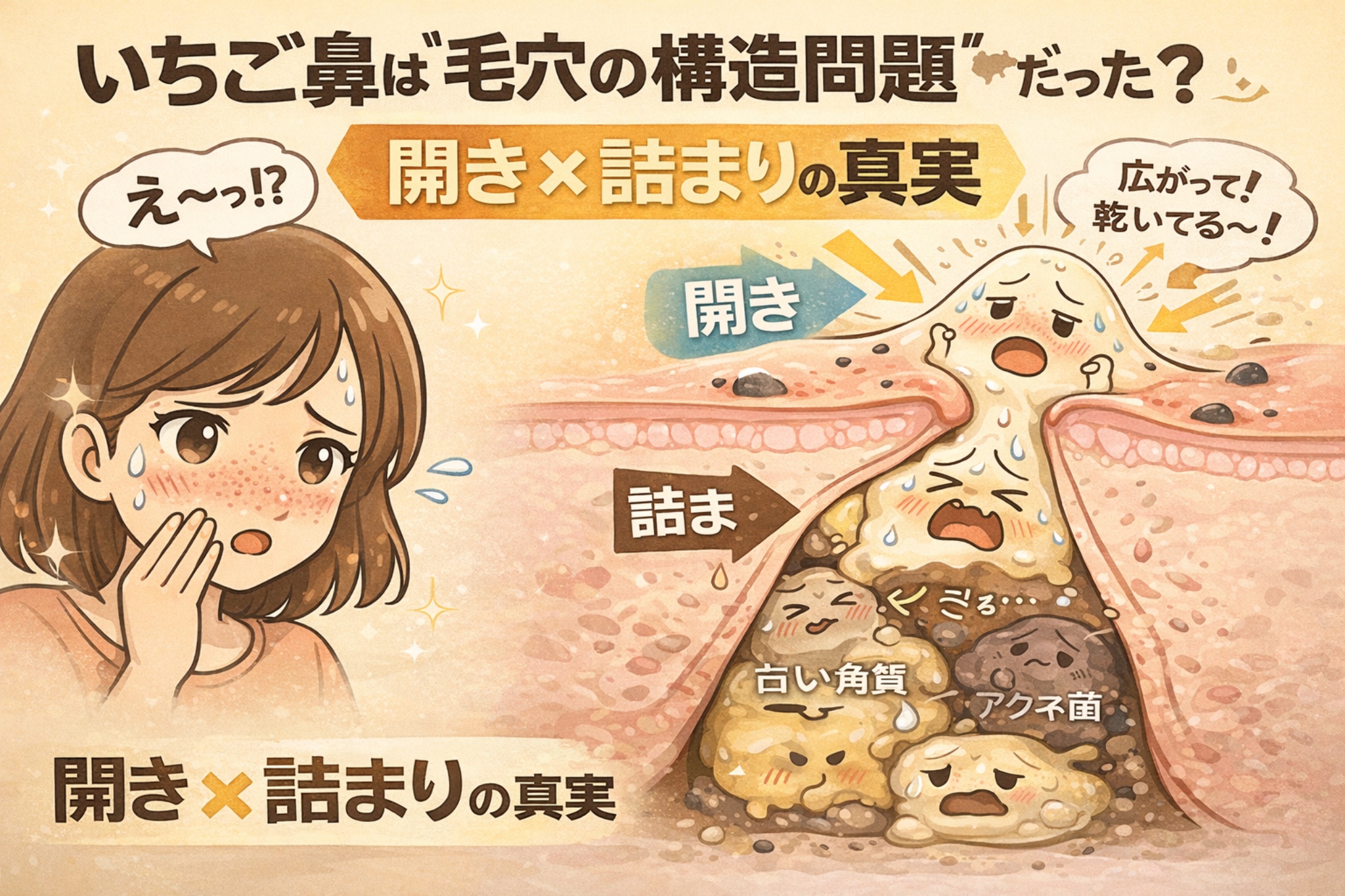 いちご鼻は毛穴の「構造問題」であることを解説したイラスト。毛穴が開いて乾燥している状態と、内部に皮脂や古い角質、アクネ菌が溜まって詰まっている状態を対比し、開きと詰まりが同時に起こる仕組みを視覚化している。驚く女性の表情と擬人化された角質・皮脂キャラクターで、いちご鼻の本質を分かりやすく伝えている。