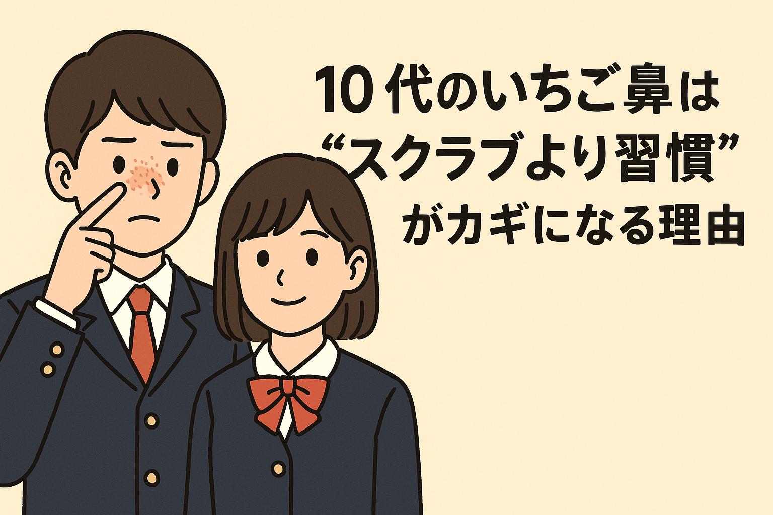 いちご鼻に悩む高校生男女のイラスト。男子は鼻の黒ずみを気にしながら指差し、女子は穏やかな笑顔。スクラブよりも習慣が重要という日本語テキスト入り。