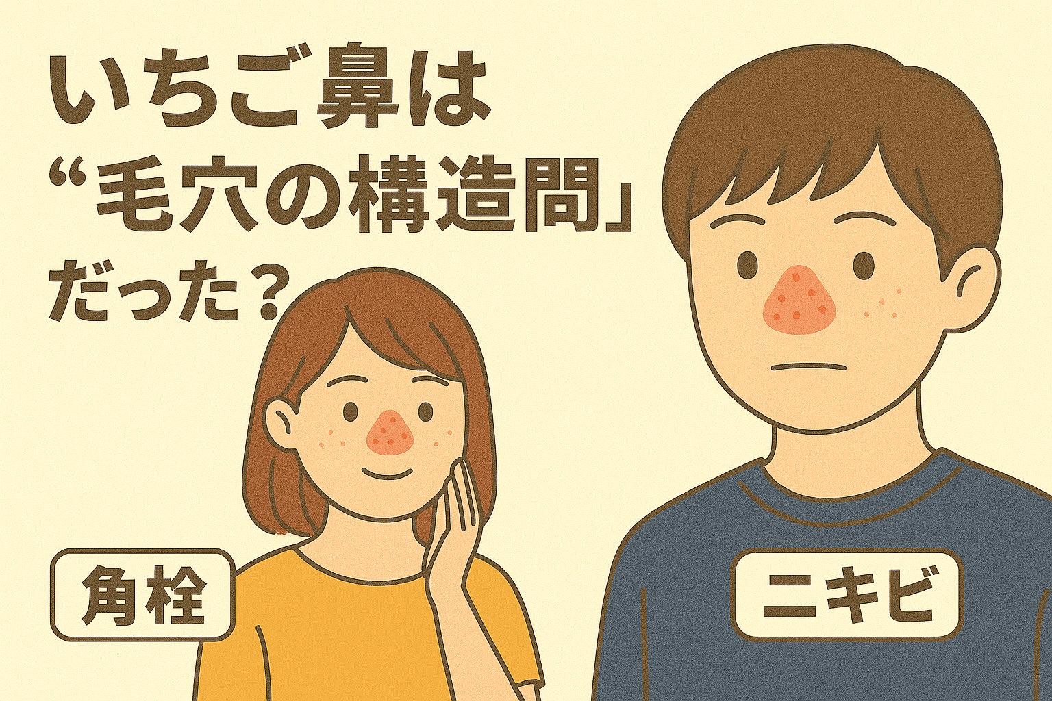 男女の顔にいちご鼻の症状が描かれ、“毛穴の構造問題”に着目したキャッチコピーと共に構造的要因を示唆するイラスト
