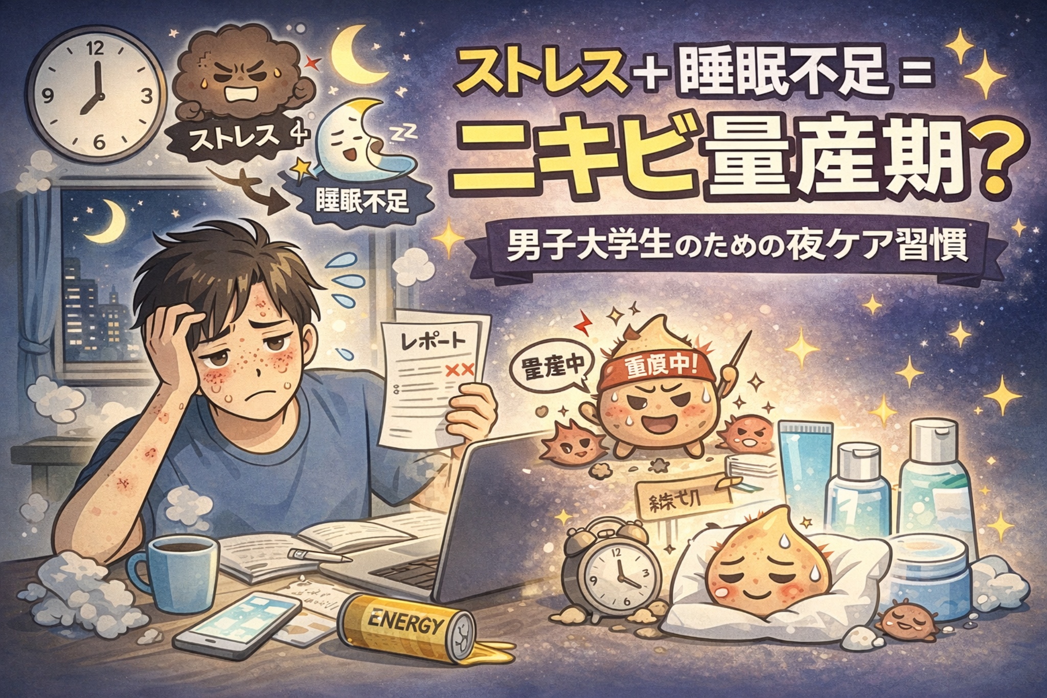 ストレスと睡眠不足によってニキビが悪化する仕組みを解説したイラスト。夜遅くまでレポート作成に追われる男子大学生が、疲労と肌荒れに悩む様子が描かれている。時計や月、エナジードリンク、スマートフォンなどが配置され、ストレスと睡眠不足が重なることでニキビが増える「量産期」を表現。右側には夜のスキンケア習慣や休息の重要性を示すビジュアルがあり、男子大学生向けの夜ケア習慣を伝える淡い夜空背景のアイキャッチ。