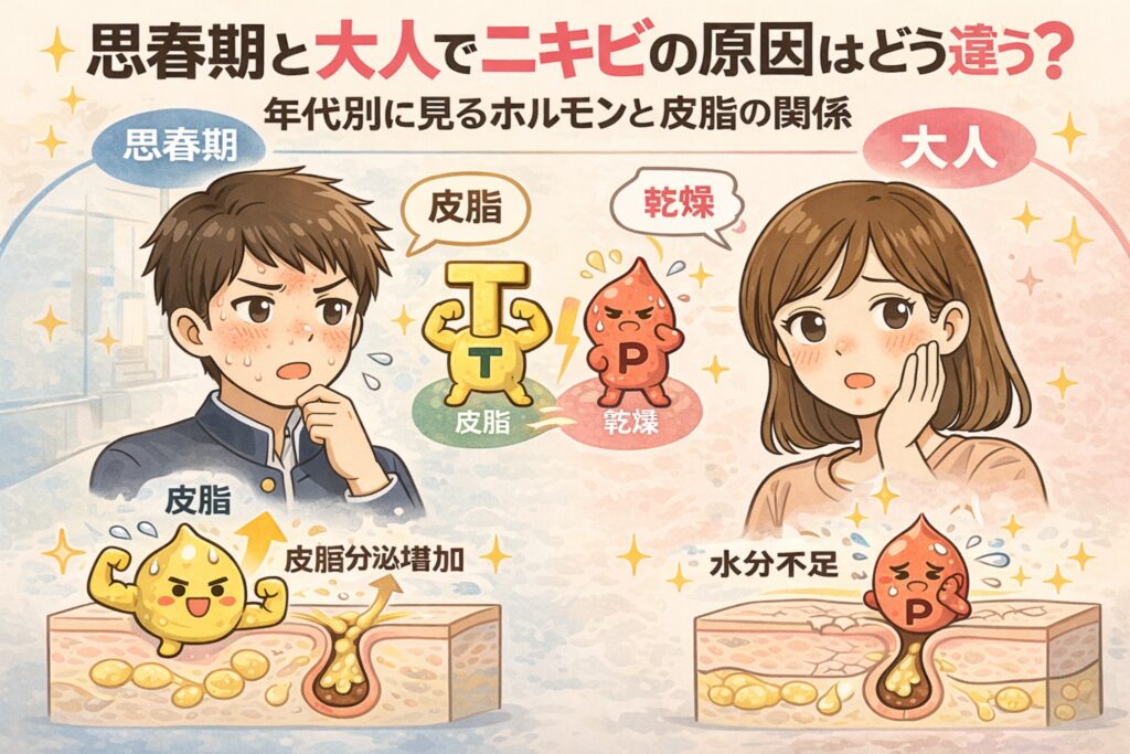 思春期ニキビと大人ニキビの原因の違いを、ホルモンと皮脂の関係から比較解説した図解イラスト。思春期は皮脂分泌の増加が主因であるのに対し、大人は乾燥や水分不足による皮脂バランスの乱れがニキビにつながる構造を、人物と毛穴断面図で示している。