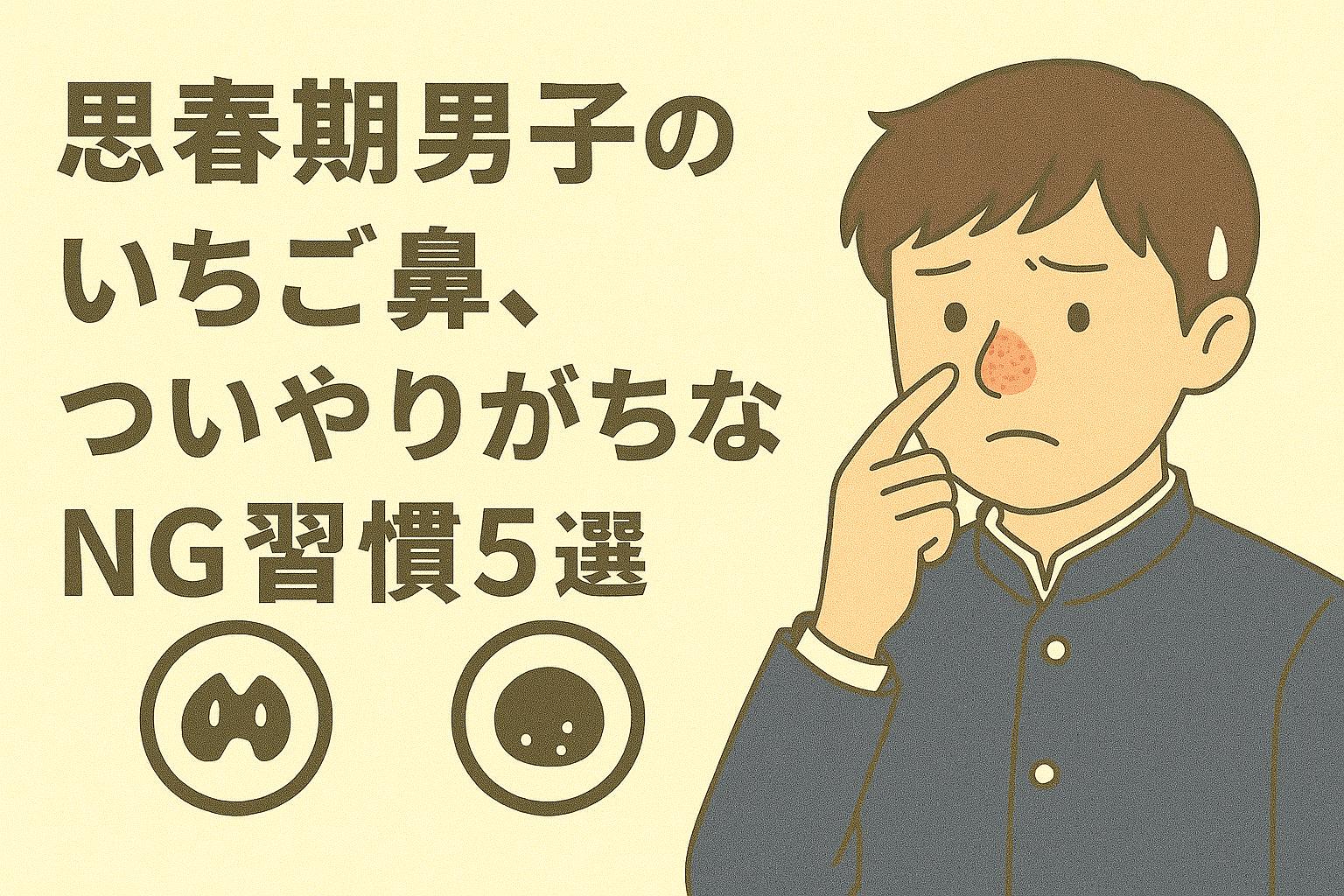 「いちご鼻に悩む思春期男子が自分の鼻を指差して心配している様子を描いたイラスト。“NG習慣5選”という警告的なテキスト付き