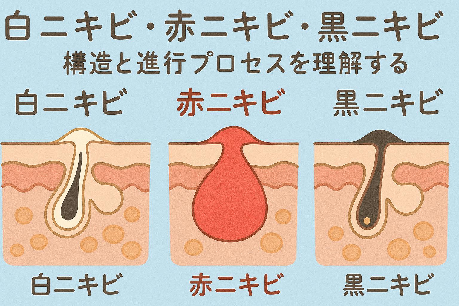 「白ニキビ・赤ニキビ・黒ニキビの構造的違いを示した肌の断面図イラスト。3つのタイプが並んで比較できる教育的なデザイン。
