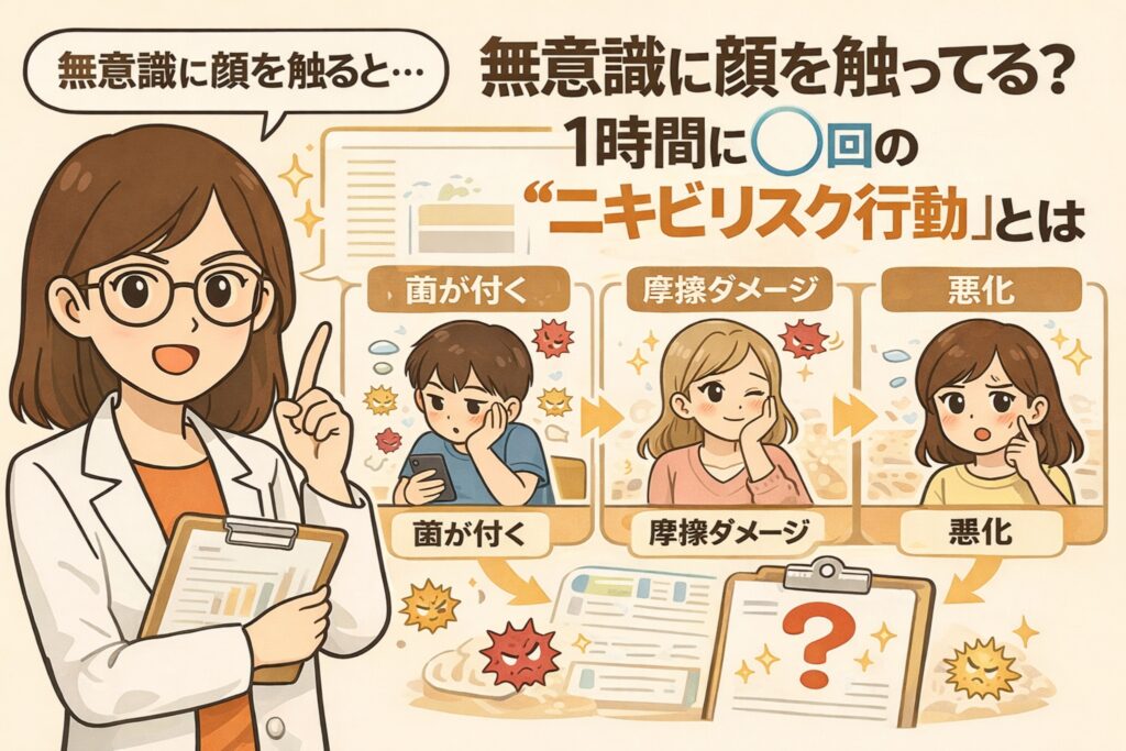 無意識に顔を触る行動がニキビリスクを高める仕組みを解説した図解イラスト。白衣を着た女性が解説役となり、1時間に何度も顔を触ることで「菌が付く」「摩擦ダメージが起きる」「肌トラブルが悪化する」流れを、男女の具体的な日常シーンとともに示している。