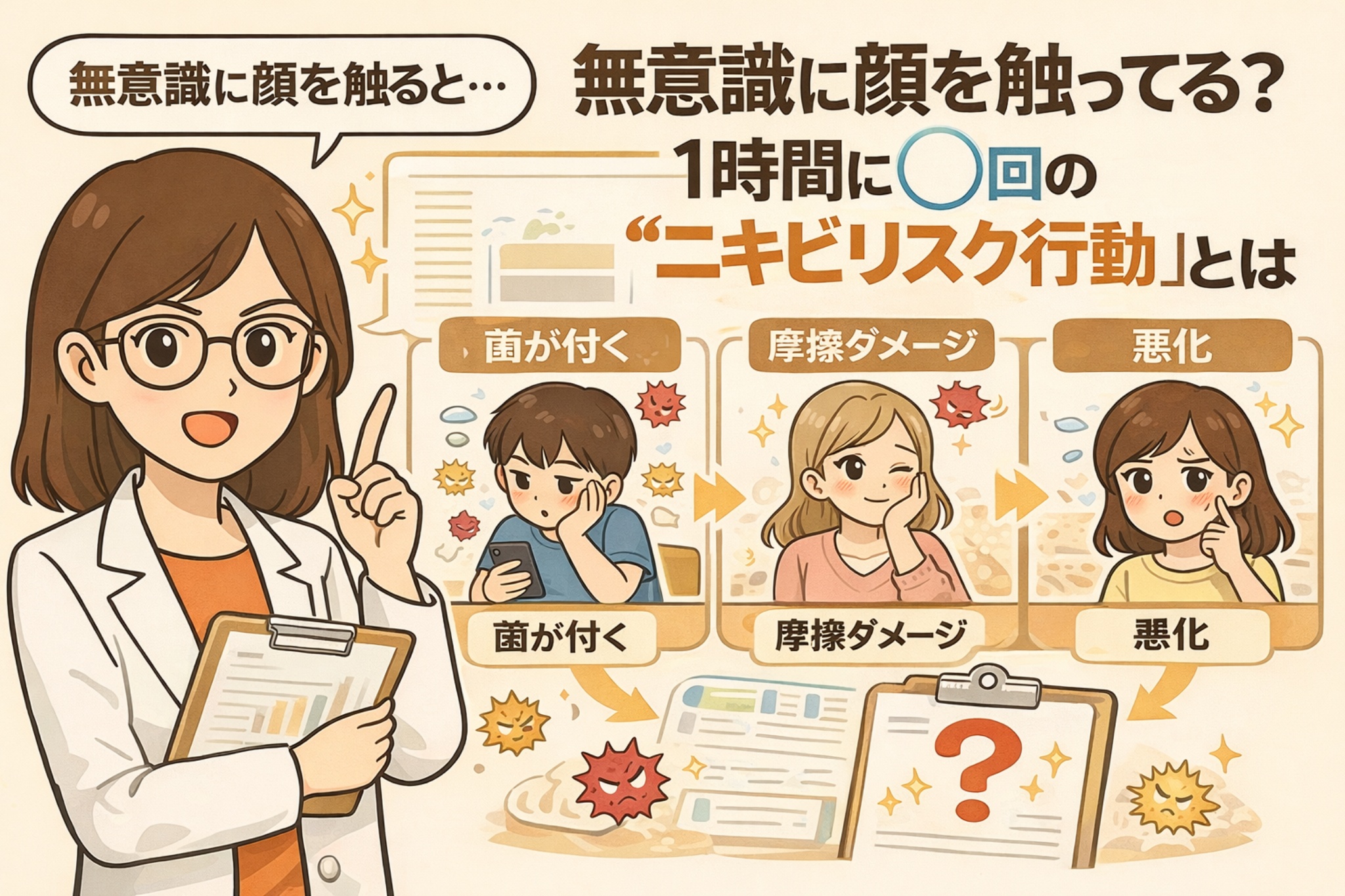 無意識に顔を触る行動がニキビリスクを高める仕組みを解説した図解イラスト。白衣を着た女性が解説役となり、1時間に何度も顔を触ることで「菌が付く」「摩擦ダメージが起きる」「肌トラブルが悪化する」流れを、男女の具体的な日常シーンとともに示している。