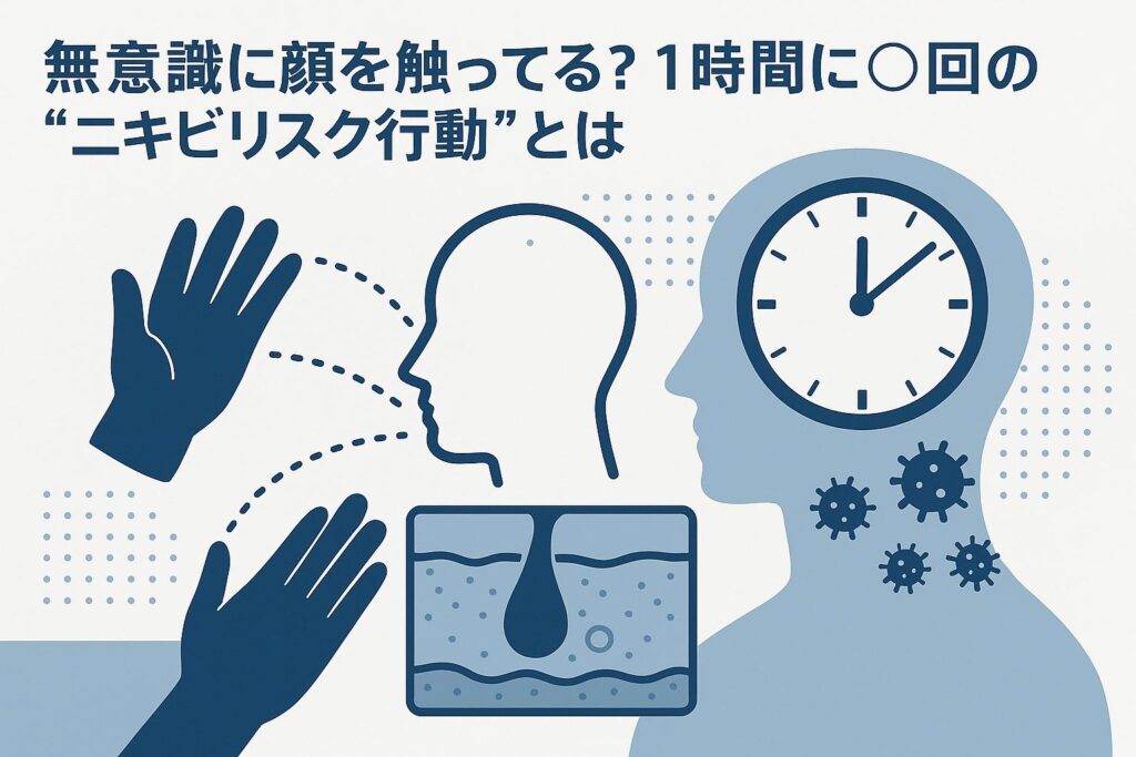 「無意識に顔を触ってる?1時間に◯回の“ニキビリスク行動”とは」をテーマにした科学的イラスト。手の動きと顔のシルエット、時計、皮膚断面図、細菌アイコンが淡いブルーで描かれ、無意識行動の頻度とニキビリスクの関係を表現した構図。
