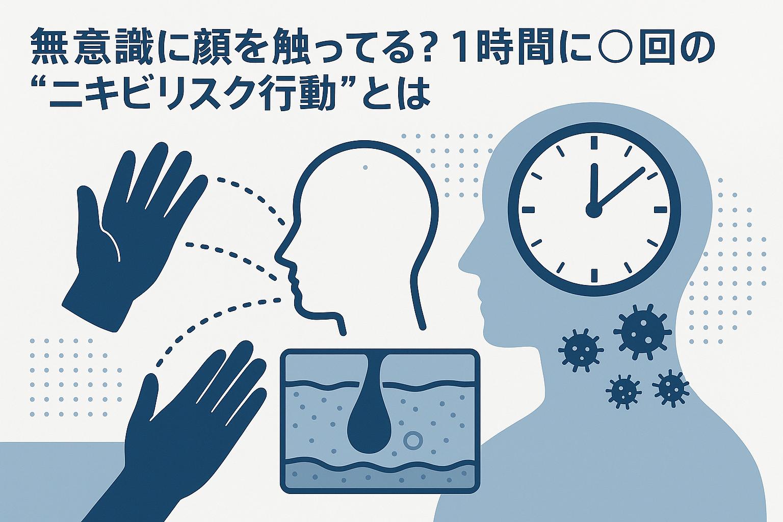 「無意識に顔を触ってる?1時間に◯回の“ニキビリスク行動”とは」をテーマにした科学的イラスト。手の動きと顔のシルエット、時計、皮膚断面図、細菌アイコンが淡いブルーで描かれ、無意識行動の頻度とニキビリスクの関係を表現した構図。