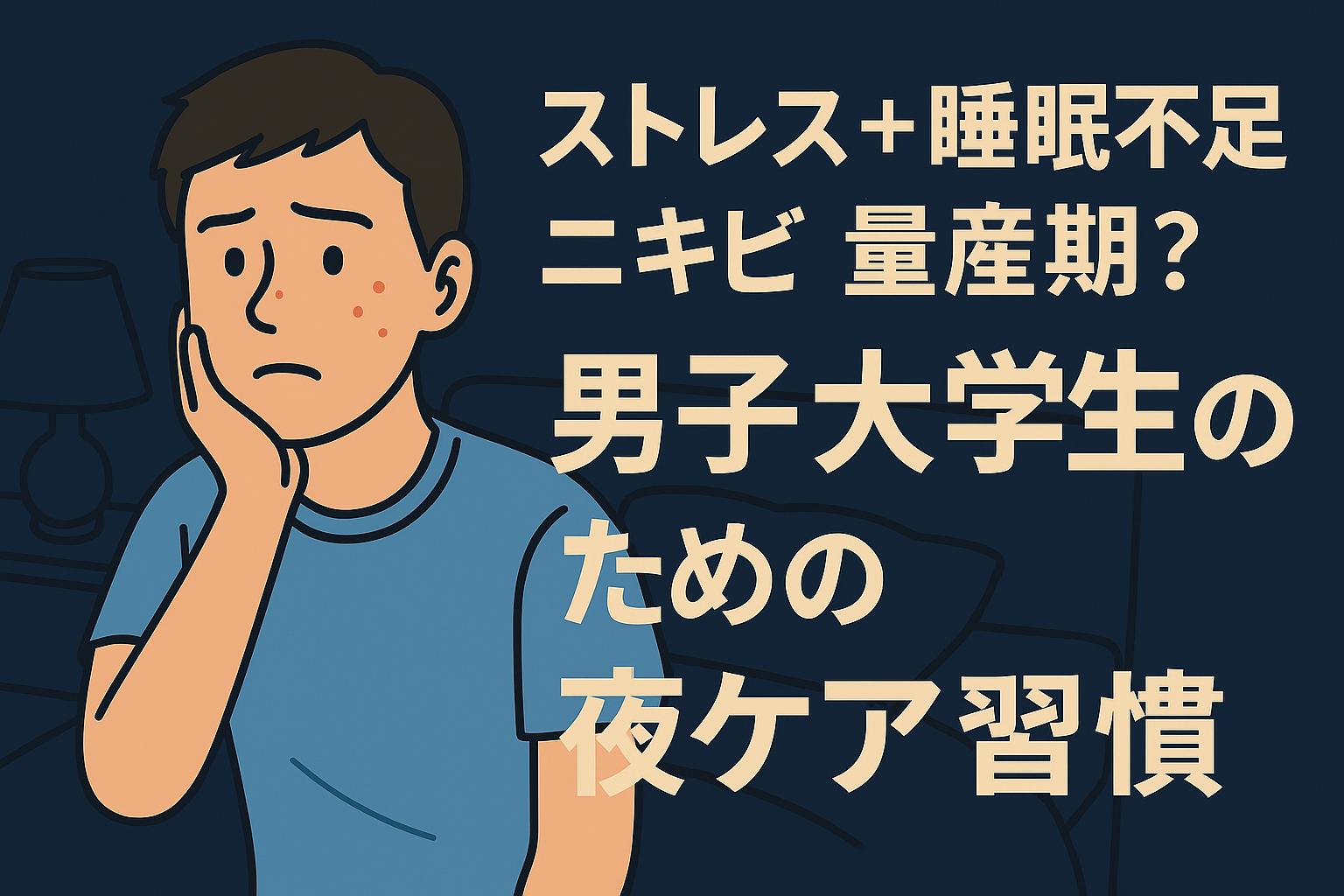 夜更かしして肌荒れに悩む男子大学生と、夜のスキンケア習慣の図