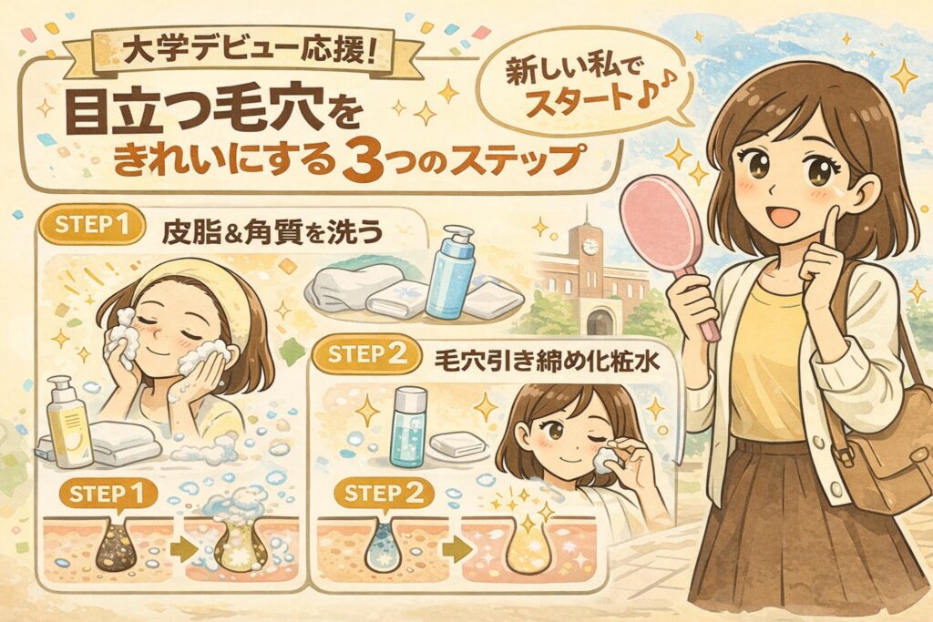 大学デビューを迎える女性向けに、目立つ毛穴をきれいにする3ステップを紹介するイラスト。STEP1は洗顔で皮脂と角質を洗い流す様子、STEP2は化粧水で毛穴を引き締めるケアを行う様子を図解。右側には鏡を持って明るく微笑む女子大学生が描かれ、新生活への前向きな気持ちを表現している。