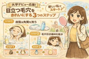 大学デビューを迎える女性向けに、目立つ毛穴をきれいにする3ステップを紹介するイラスト。STEP1は洗顔で皮脂と角質を洗い流す様子、STEP2は化粧水で毛穴を引き締めるケアを行う様子を図解。右側には鏡を持って明るく微笑む女子大学生が描かれ、新生活への前向きな気持ちを表現している。