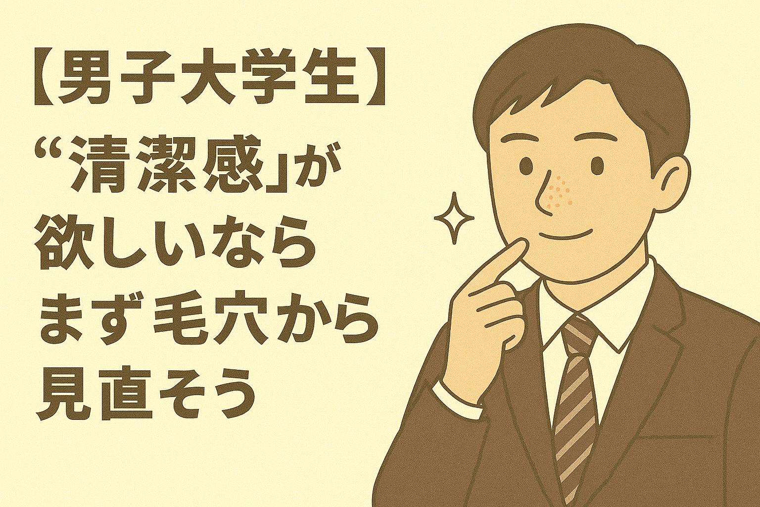 「スーツ姿の男子大学生が毛穴の悩みを意識しながら微笑んでいるイラスト。“清潔感は毛穴から”を伝える構成