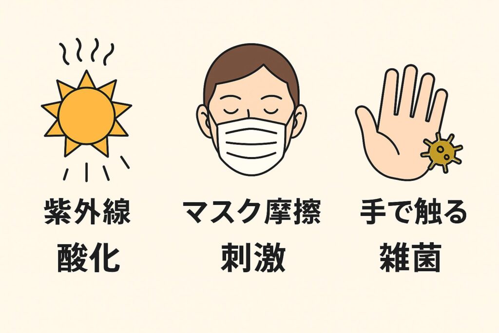 紫外線・摩擦・雑菌によるダメージ要因を示すフラットイラスト。左は太陽のアイコンと「紫外線 酸化」、中央はマスクを着けた顔と「マスク摩擦 刺激」、右は手のひらと細菌のアイコンに「手で触る 雑菌」と表示されている。鼻が外部刺激を受けやすいことを整理した図解。