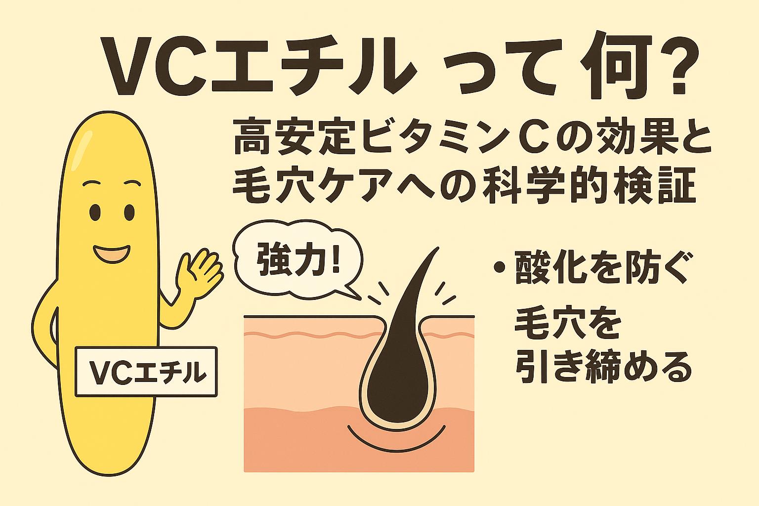 ビタミンCが毛穴に与える効果を解説した日本語の図解イラスト。左側には擬人化されたビタミンCのキャラクターが登場し、キャラ名は「VCエチル」。右側には毛穴の断面図があり、毛穴の改善におけるビタミンCの役割をわかりやすく示した構成。